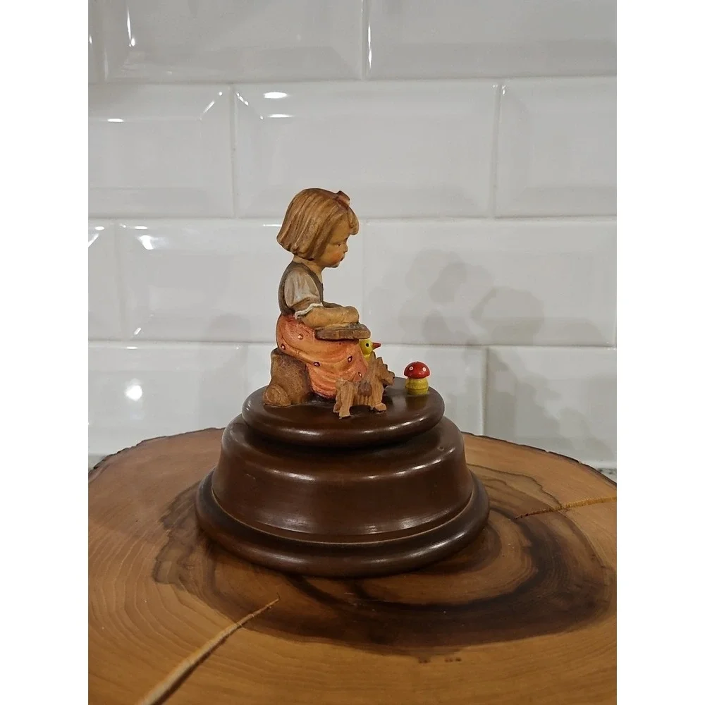 VINTAGE REUGE ROTATING WOOD CARVED MUSIC BOX HAS Girl, Dog,mushroom And Bird 5×5